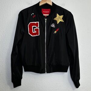 Guess Black Bomber Jacket Full Zip Patches Pockets Womens Small‎